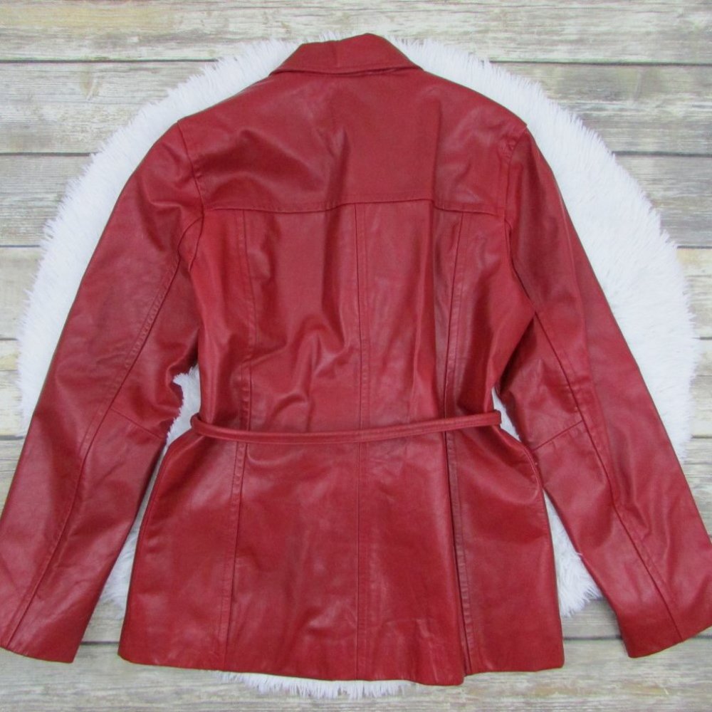 Express Zip Front Belted Leather Jacket Red - Picture 5 of 12